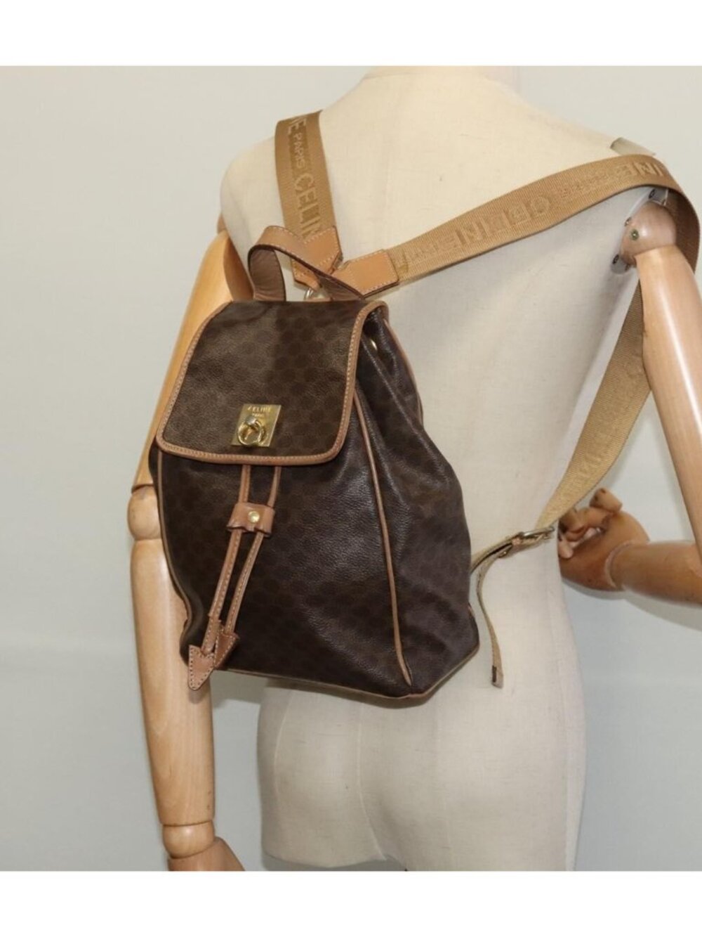 CELINE Macadam Canvas Backpack PVC Leather Brown Gold - Picture 16 of 16